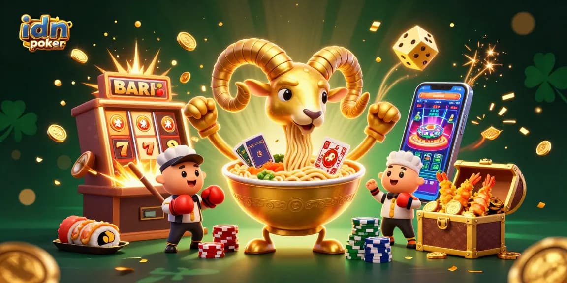 Menangkan permainan idn poker dengan ilustrasi karakter kasino yang menarik dan simbol keberuntungan.