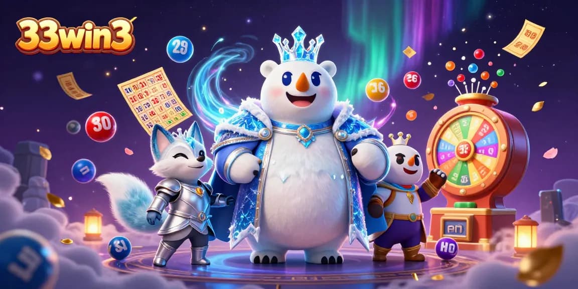 Experience the excitement of 33win3 with an enchanting polar bear and fox in a dynamic lottery scene.
