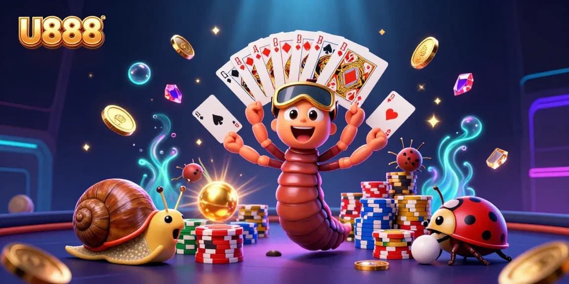 Experience U888's vibrant casino world with a dynamic 3D scene featuring exciting gaming elements.