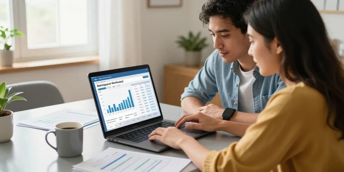Young couple simulating a mortgage using an online calculator in a cozy home office.