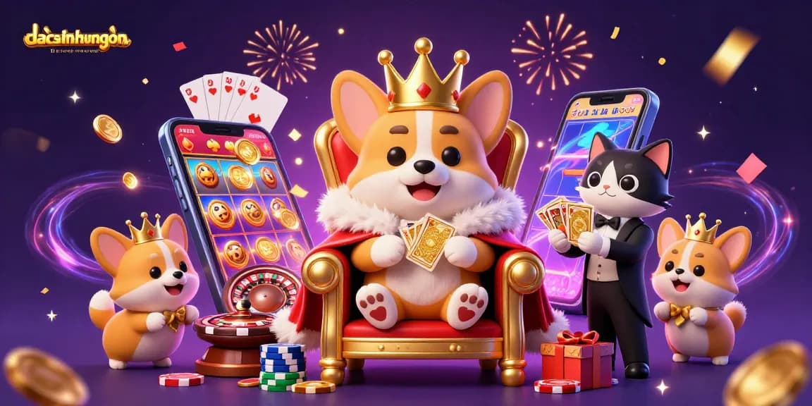 Spin and win at dacsanhuengon with a lively scene of royal corgis amidst slot games and festive confetti.