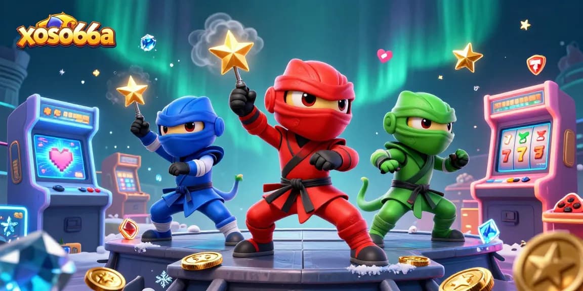 Engage with exciting gaming elements at xoso66a, showcasing ninja chameleons in a vibrant casino scene.