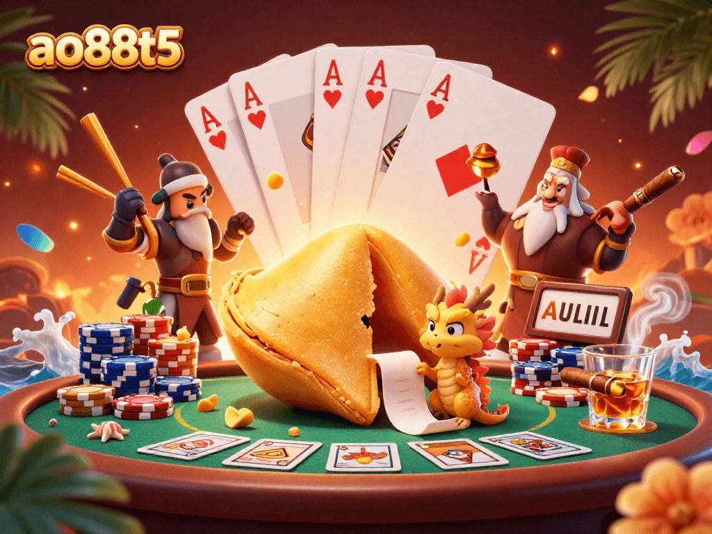 Engage with ao88t5's thrilling poker scene, featuring dynamic characters and vibrant casino elements.