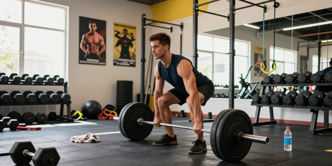 Hombre musculoso levantando pesas en el gimnasio Esteroidesshop, mostrando dedicación al culturismo.