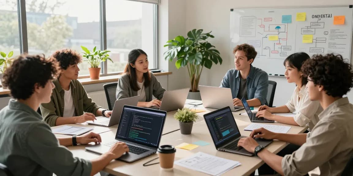 Build internal tools with AI in a collaborative tech workspace featuring diverse professionals brainstorming and coding.