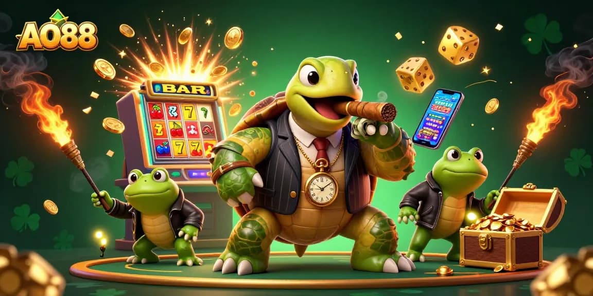 A massive snapping turtle in a casino scene, promoting AO88 with vibrant gaming elements.