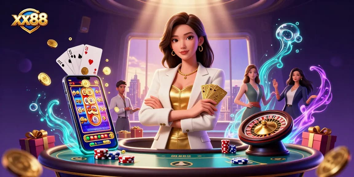 Win big with xx88: a dynamic scene of a powerful Asian woman with golden cards, showcasing gambling excitement.