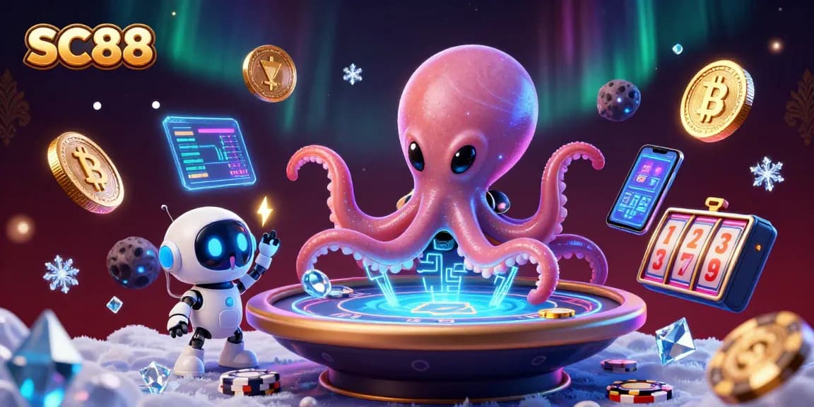 Experience thrilling games with SC88's vibrant poker scene featuring a cosmic octopus and floating chips.