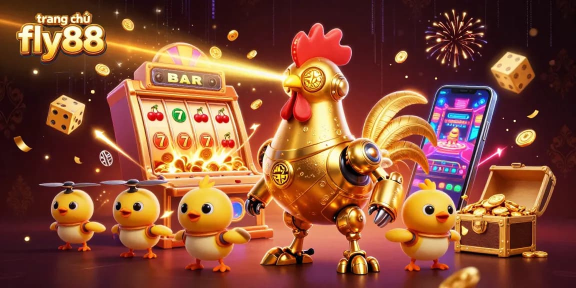 Engage with dynamic visuals on trang chủ fly88, featuring golden rooster robot and slot machines.