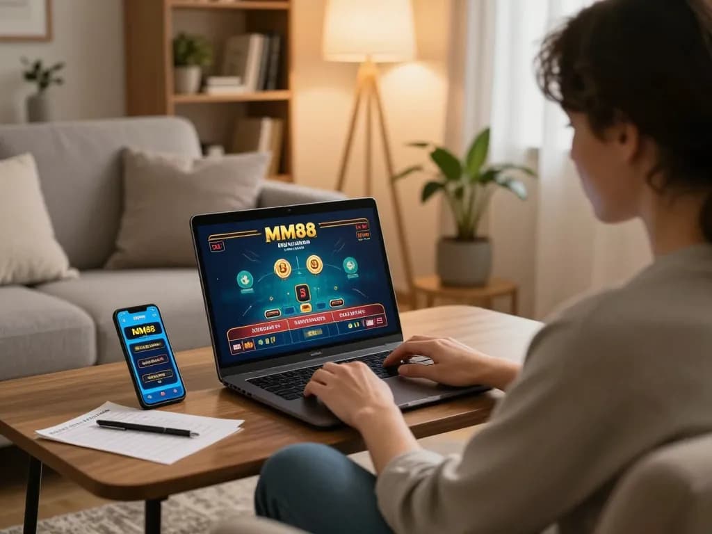 MM88 player enjoying live casino game on laptop in cozy home setup