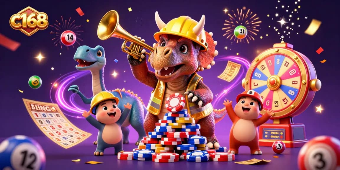 c168 celebrates a vibrant casino scene with a triceratops building poker chips and joyful characters.