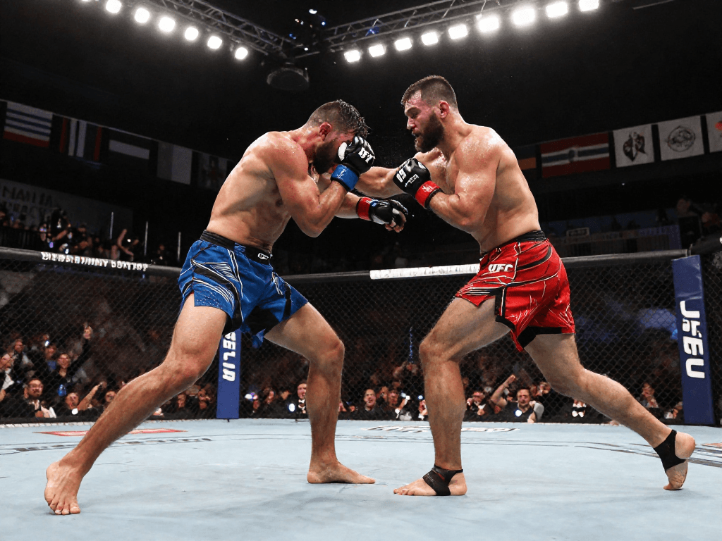 UFC: Luchadores en acción durante un combate en vivo, emoción y energía en la arena.