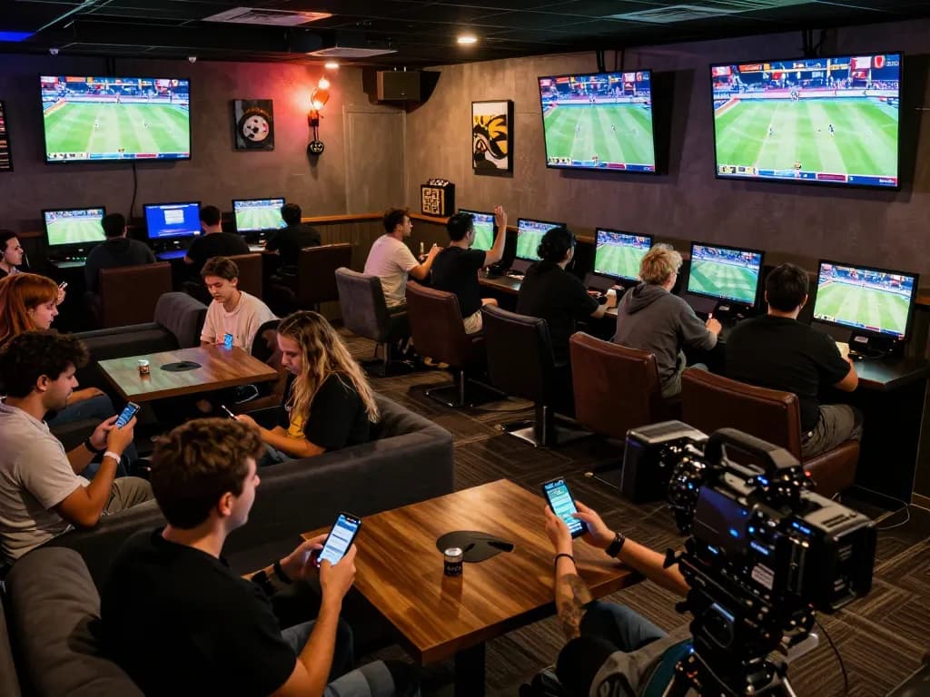 Tỷ lệ kèo displayed on multiple screens in a lively sports betting lounge with engaged fans