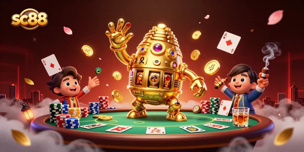 Experience dynamic gameplay at sc88 with vibrant 3D casino elements, golden golem, and poker excitement.