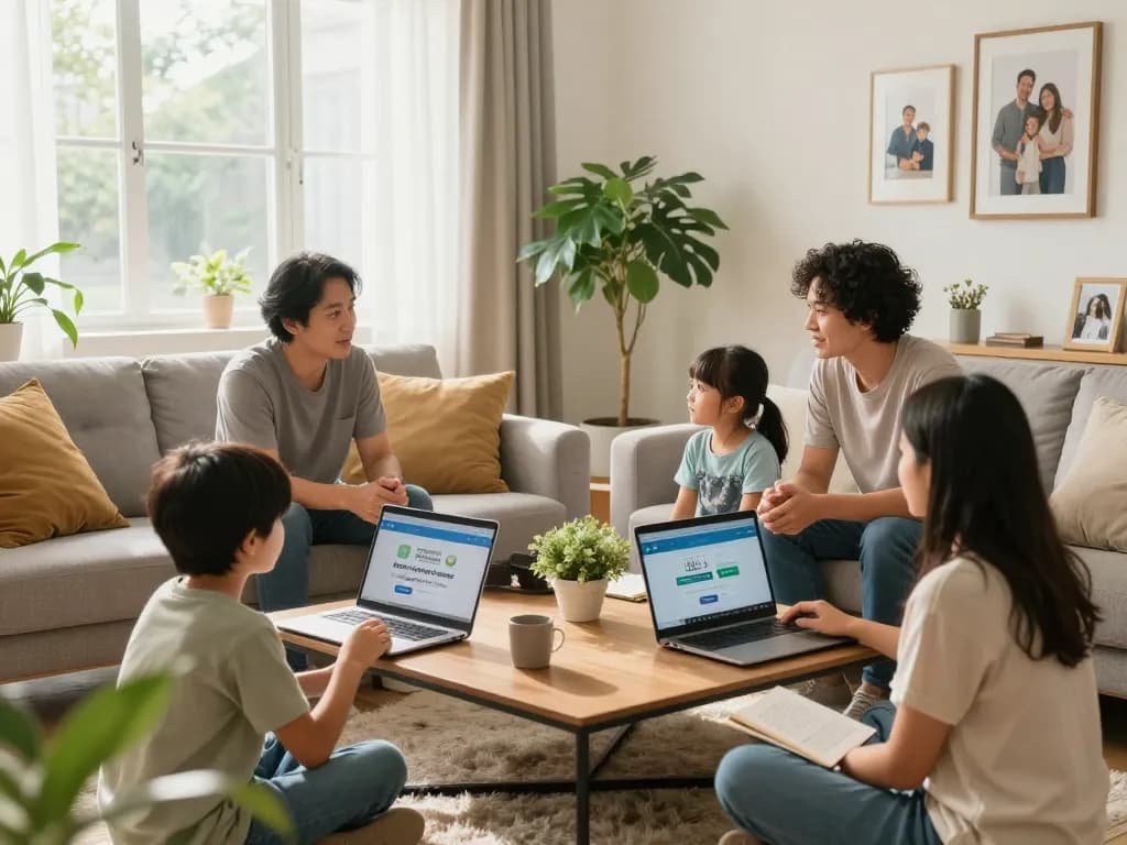 Sala de estar familiar cómoda discutiendo servicios hogar a la luz natural cálida.