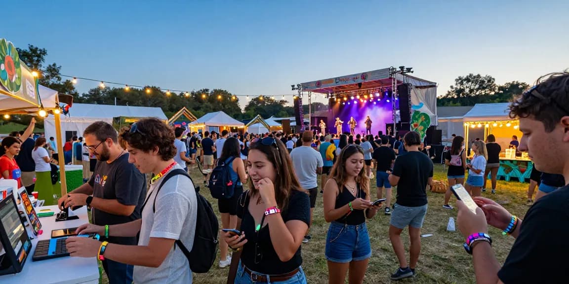 Festival-goers using pulseras digitales para festivales for seamless access and cashless transactions.