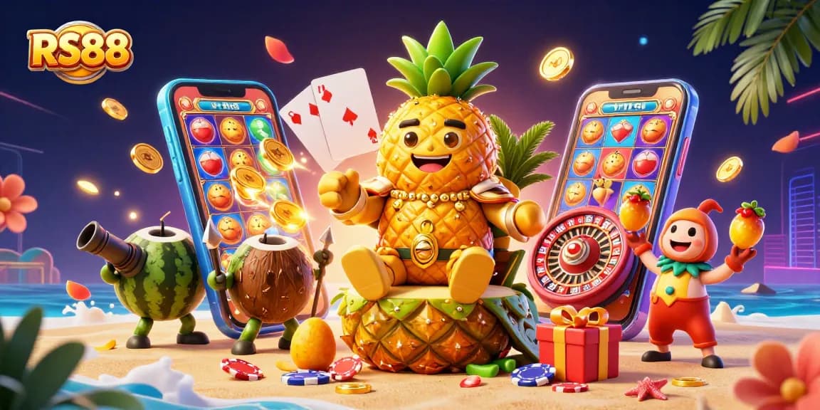 Engage in thrilling wins at RS88 with the golden pineapple king surrounded by dazzling casino action.