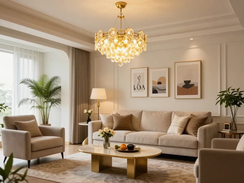 Lámparas estilo hotel chic iluminando una acogedora y elegante sala de estar con decoración sofisticada y suave iluminación.
