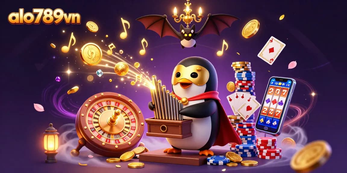Win big with alo789vn featuring a phantom penguin playing a gold coin organ and bat acrobat
