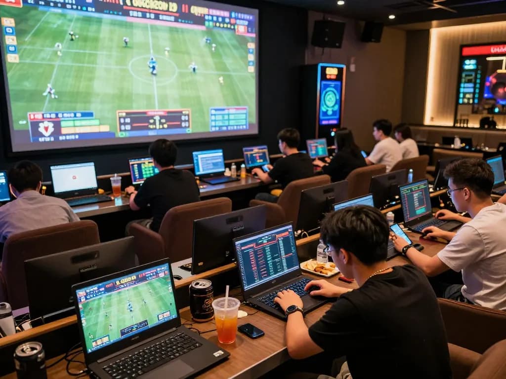 Engaged players strategizing sports bets on GG88 in a dynamic online betting lounge.