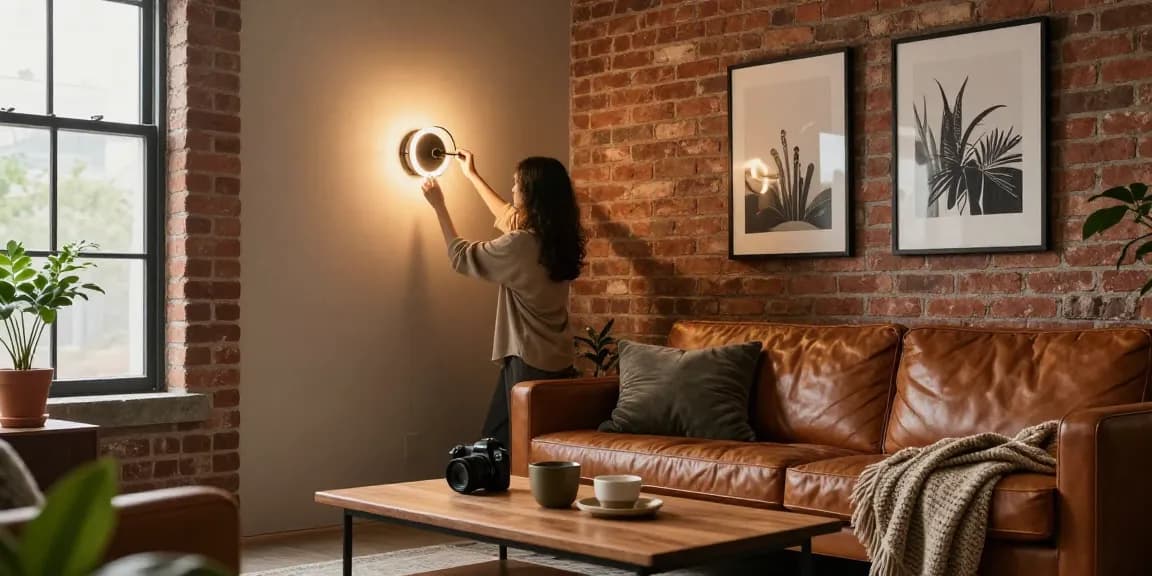 Aplique de pared industrial iluminando una acogedora sala de estar moderna, contando con un aplique pared industrial para una atmósfera hogareña con estilo.