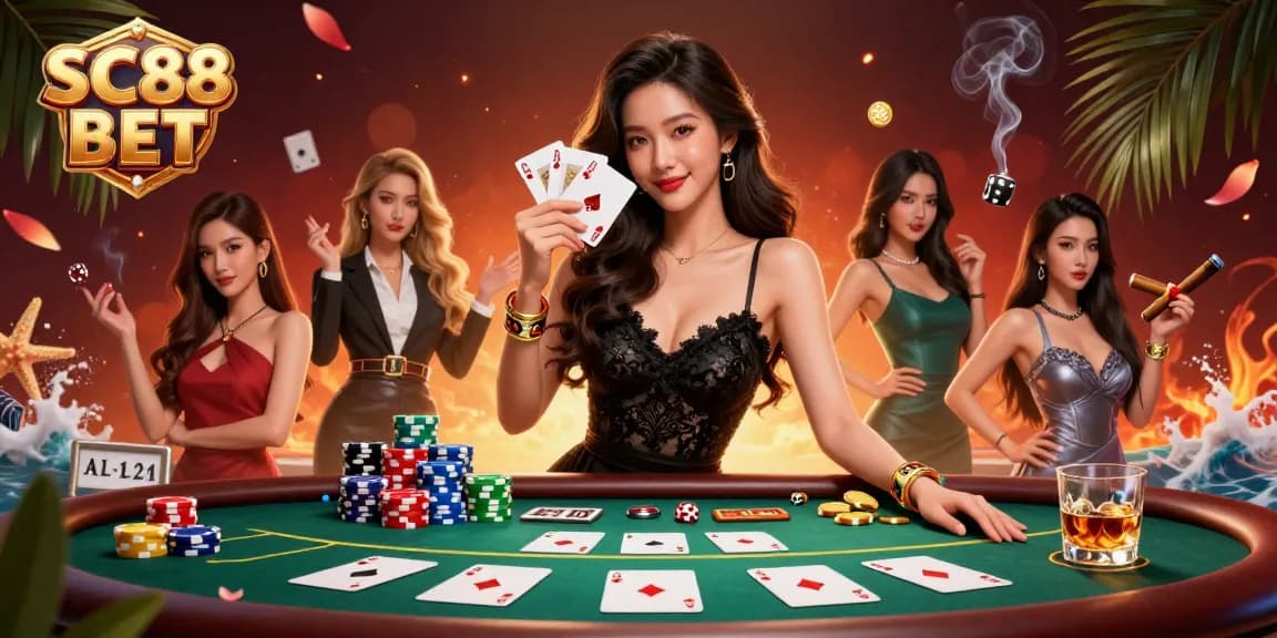Experience thrilling moments at SC88 BET with an elegant Asian woman showcasing her winning poker hand in a luxe casino setting.