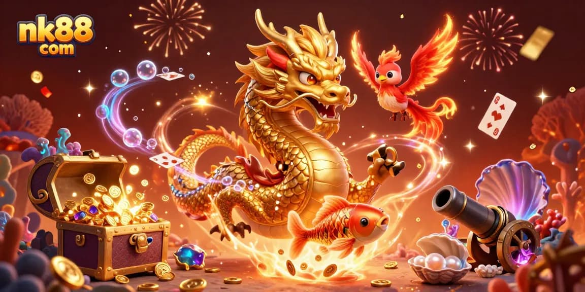 Experience exciting gaming with nk88 com's vibrant illustration of a dragon, phoenix, and koi fish
