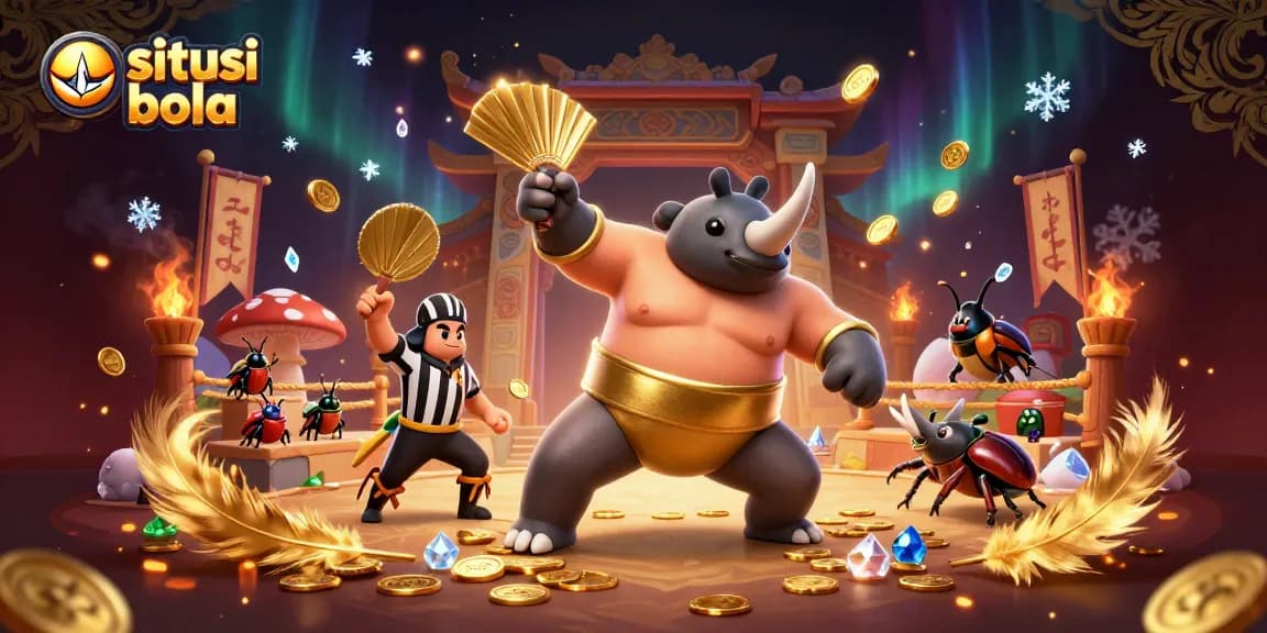 Situs judi bola menampilkan kejuaraan sumo dengan karakter keong rhinoceros pemukul yang melakukan aksi, dikelilingi koin emas.