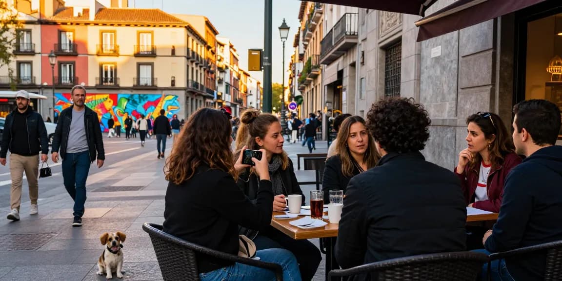 Escena urbana en Madrid con conversaciones y vida local, Noticias de Madrid reflejadas en un café.