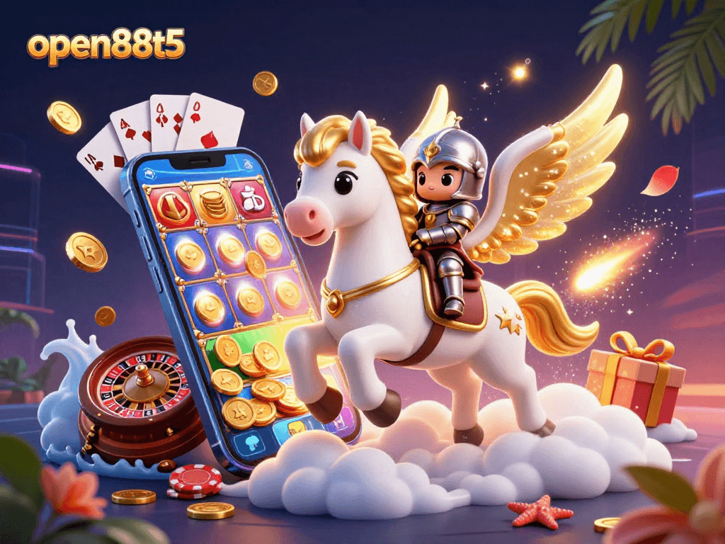 Engage with thrilling gameplay at open88t5, featuring a celestial horse and knight amidst colorful slot games.