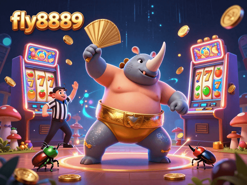 Experience thrilling gameplay at fly8889 with vibrant illustrations showcasing exciting slot reels and a unique casino atmosphere.