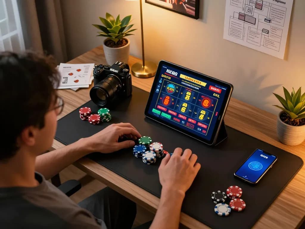 Engaged player using GG88 online casino app with gaming chips nearby, showcasing a vibrant home gaming atmosphere.