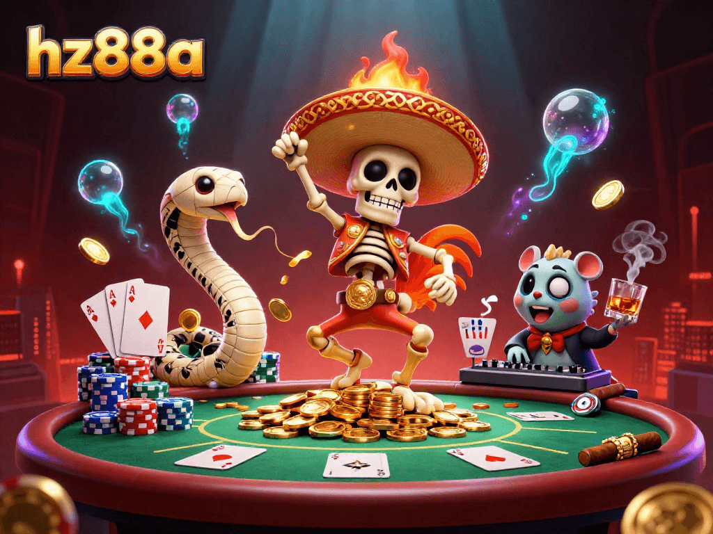 Experience thrilling gameplay at hz88a with a 3D animated victory dance scene featuring unique casino characters.
