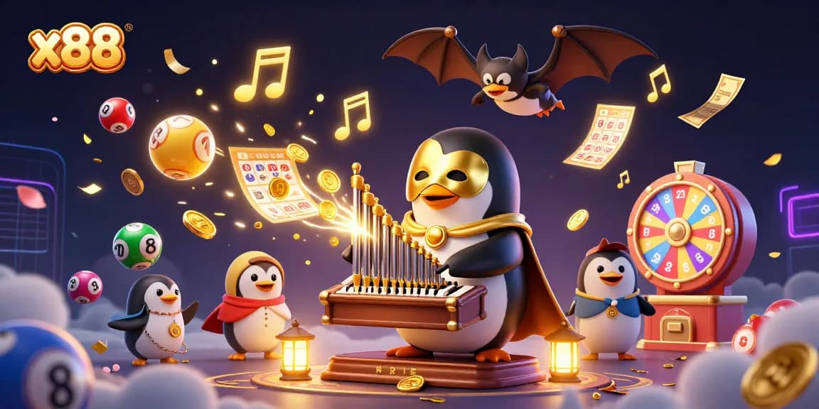 Experience the thrill of x88 with a vibrant illustration featuring a penguin composer and dynamic casino elements.