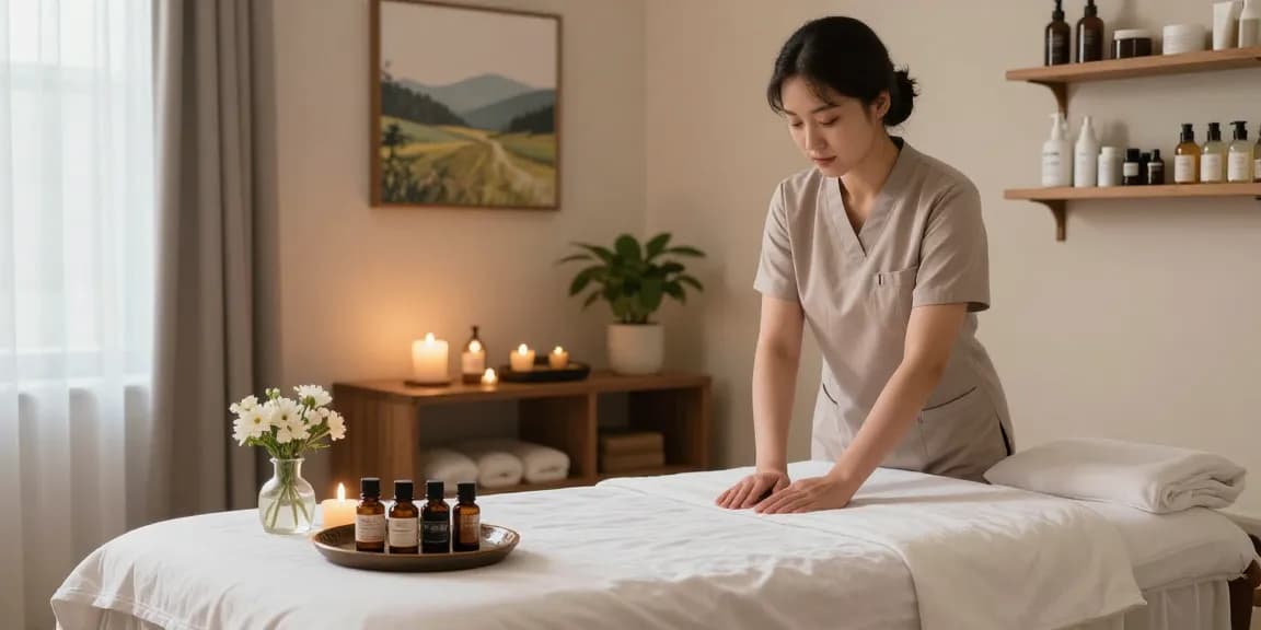 Relaxing 안양출장마사지 setting with professional therapist, essential oils, and soothing atmosphere