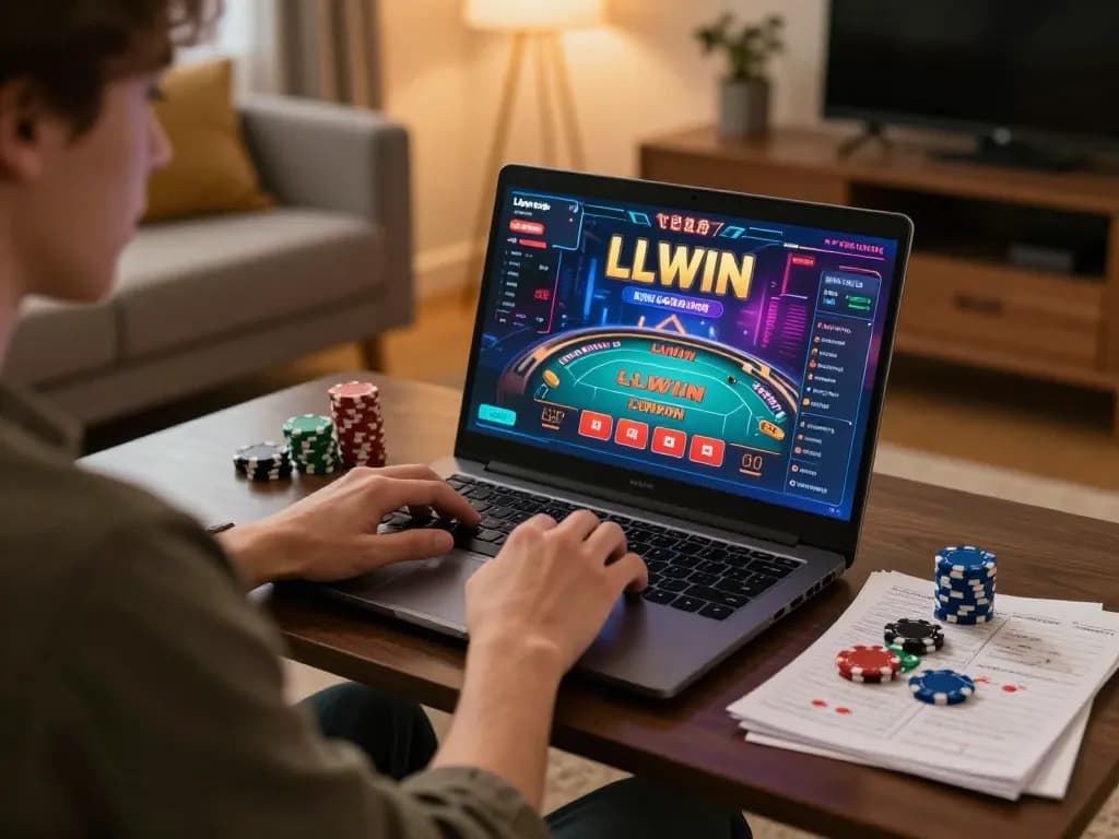 Person gaming on LLWIN's platform, enjoying responsible gambling with strategic notes and decor.