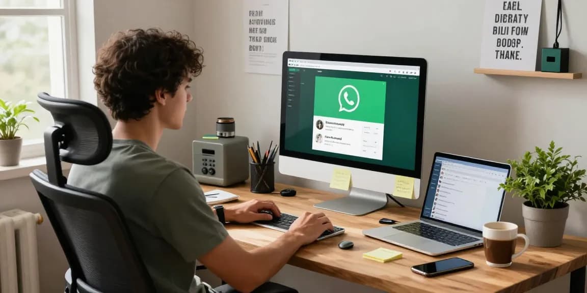 Using WhatsApp電腦版 on a desktop in a modern office setting, showcasing tech lifestyle.