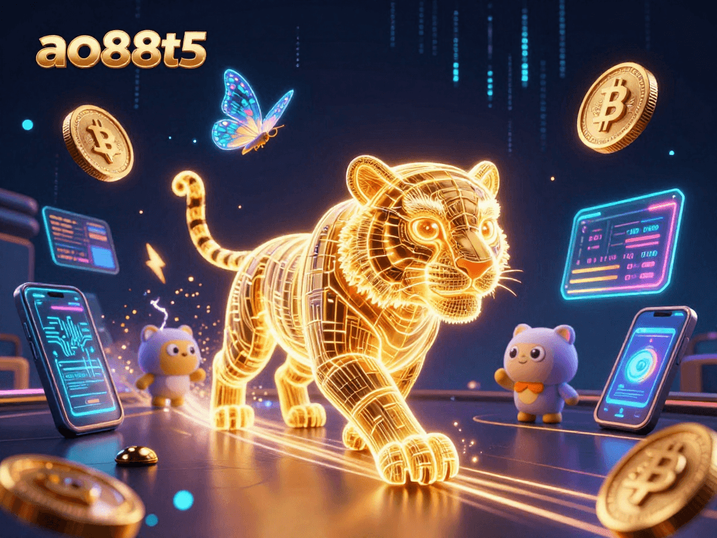 Engage with ao88t5 in a vibrant digital casino featuring a light energy tiger and crypto elements.