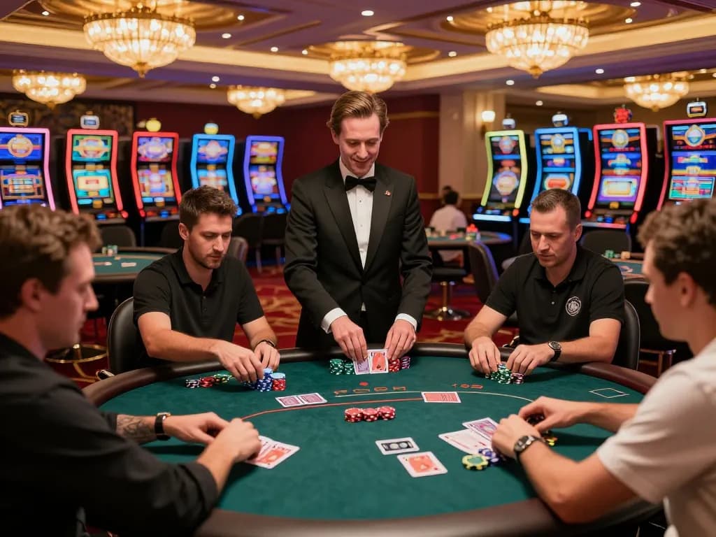 O8 players enjoying a thrilling poker game in a luxurious casino atmosphere.