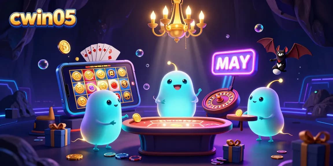 Cwin05 players enjoying vibrant casino games surrounded by bioluminescent glowworms and a bat dealer.