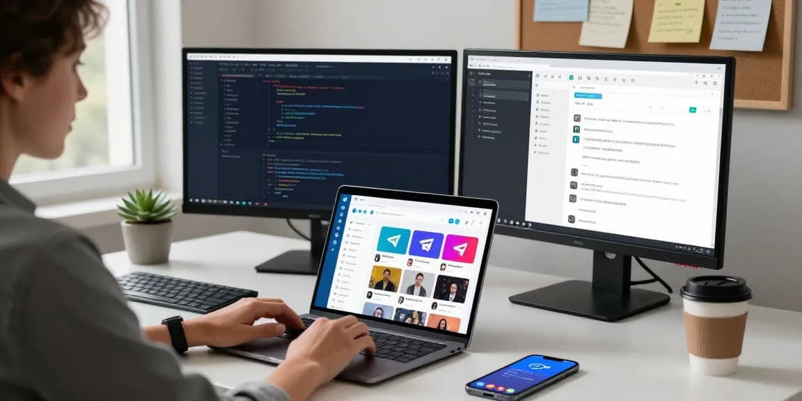 Engaging workspace with Telegram网页版 open on laptop, showcasing modern tech integration.