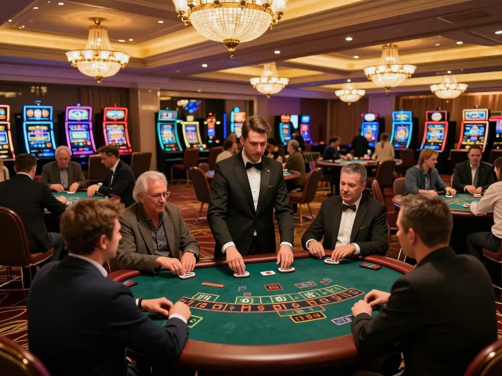Players engaging in an exciting blackjack game at xoso66com's upscale casino venue, warm lighting enhancing the thrilling atmosphere.