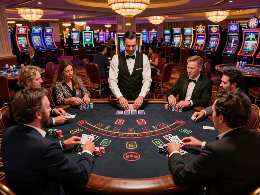 Players at fa88vn enjoy a thrilling blackjack game in an upscale casino environment, showcasing strategic betting.