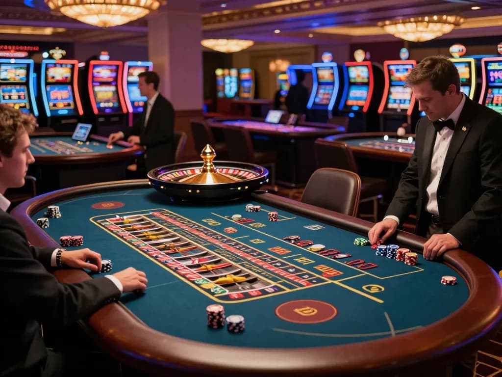 KJC players placing bets at roulette tables in a luxurious casino environment