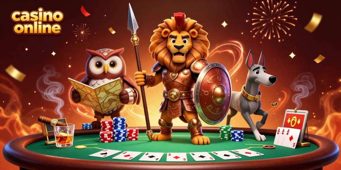 Experience thrilling casino online action with a Spartan lion, tactical owl, and greyhound at a poker table.