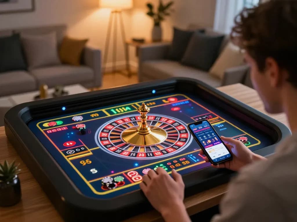 Engaging gameplay at xx88 online casino showing roulette on smartphone in a stylish home