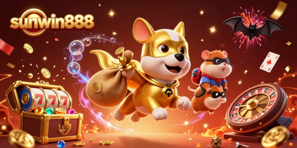 Sunwin888's superhero dog and sidekick bring excitement with gold coins amid poker chips and slot reels.