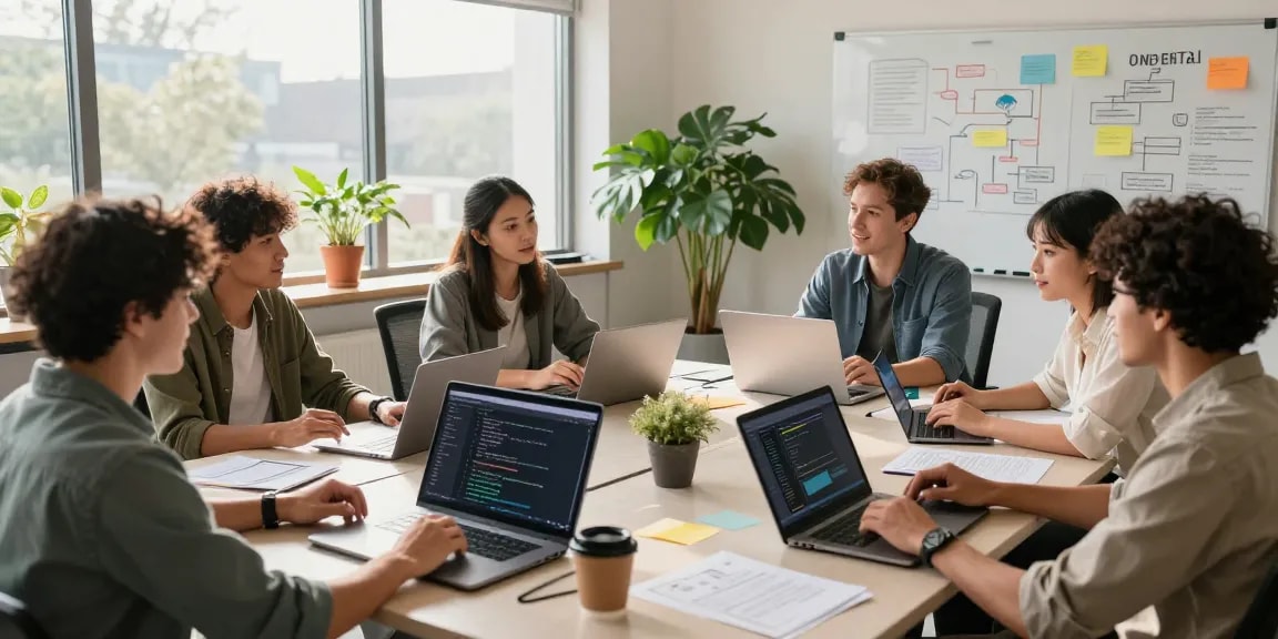 Build internal tools with AI in a collaborative tech workspace featuring diverse professionals brainstorming and coding.