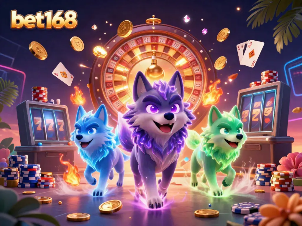 Experience the vibrant excitement of bet168 with a dynamic 3D casino scene featuring glowing wolf leaders and lavish game elements.