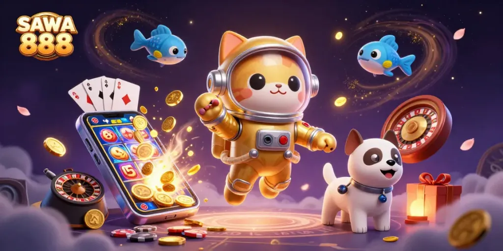 Experience thrilling gameplay with SAWA 888 in a vibrant casino scene showcasing interstellar themes and dynamic games